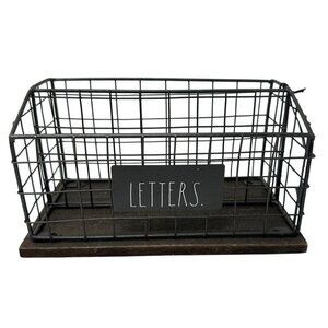 Rae Dunn LETTERS Wire Mail Basket Organizer Wood Base Farmhouse Office Decor
